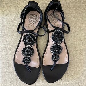 Vince Camuto Black T-Strap Sandals with Metallic Embellishments